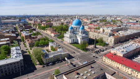 ST. PETERSBURG, RUSSIA - CIRCA MAY, 2016: The Trinity Cathedral (or Troitsky church) is on the crossing of Izmailovsky avenue and Krasnoarmeiskaya street in city center. Top view.のeditorial素材
