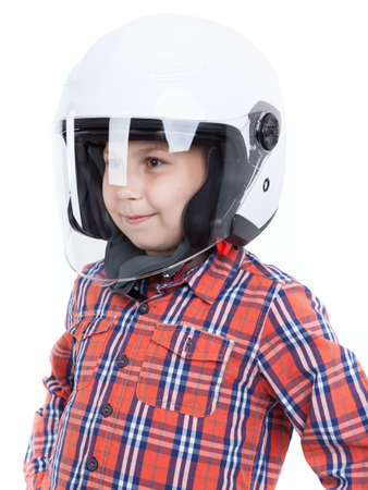 Portrait of young Caucasian girl wearing flip front helmet, isolated white backgroundの写真素材