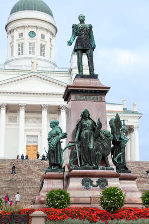 HELSINKI, FINLAND - CIRCA SEP, 2016: Statue of Emperor Alexander II is on the center of Senate Square on the background of Saint Nicholas Cathedral. Attractions of Helsinkiのeditorial素材