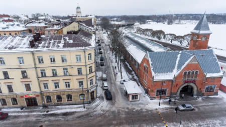 VYBORG, RUSSIA - CIRCA JAN, 2017: Building of central market. The Market Square is in center of town. Vyborg is town in Leningrad Oblast. Aerial viewのeditorial素材