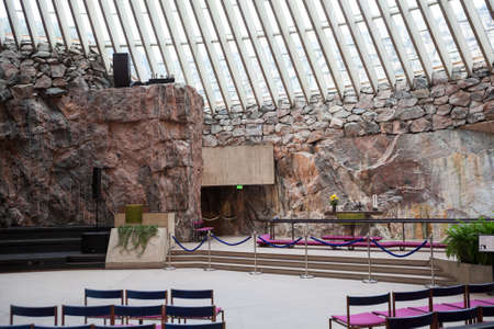 HELSINKI, FINLAND - CIRCA SEP, 2016: Interior of hall with natural lighting is in the Temppeliaukio Lutheran Church. The temple is carved into the rockのeditorial素材