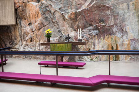 HELSINKI, FINLAND - CIRCA SEP, 2016: Altarpiece is in the lighting interior hall. The Temppeliaukio Lutheran Church. The temple is carved into the rockのeditorial素材