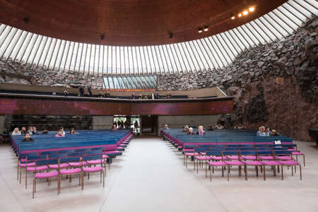 HELSINKI, FINLAND - CIRCA SEP, 2016: Hall with natural lighting interior is on the Temppeliaukio Lutheran Church. The temple is carved into the rockのeditorial素材