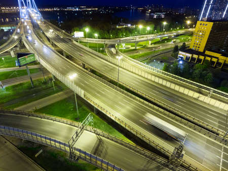 ST. PETERSBURG, RUSSIA, CIRCA MAY, 2016: Night top view at interchanges of the ring road near the Big Obukhov Bridge. It is the only one non drawbridge in cityのeditorial素材
