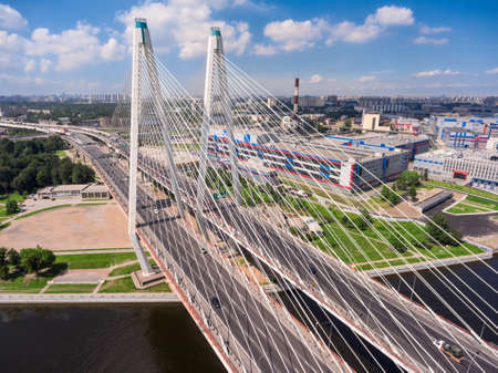 ST. PETERSBURG, RUSSIA, CIRCA MAY, 2016: View of pylons and slings of cable-stayed bridge. The Big Obukhov bridge is across the Neva river. The Nevsky districtのeditorial素材