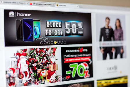 MOSCOW; RUSSIA - NOV; 25; 2016: Black friday offers and big salea are on reseller website page. E-commerce is in worldwide Internetのeditorial素材