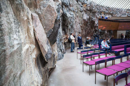 HELSINKI, FINLAND - CIRCA SEP, 2016: The stone walls of the Lutheran parish church Temppeliaukio in Toolo, Helsinki suburbs. The temple is carved into the rock.のeditorial素材