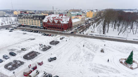 VYBORG, RUSSIA - CIRCA JAN, 2017: The Market square is in city center at winter season. Aerial view. Vyborg is old town in Leningrad Oblast.のeditorial素材