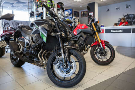 ST. PETERSBURG, RUSSIA - CIRCA FEB, 2017: New naked motorcycle Z800 of Kawasaki brand is on sale in motorcycle shop. Official dealership of Kawasaki, Ducati and Arctic Cat is in cityのeditorial素材