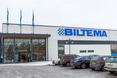 LAPPEENRANTA, FINLAND - CIRCA FEB, 2016: Entrance and parking lot of the Biltema shop at winter. Biltema is a Swedish chain of retail stores, specialising in tools, car supplies and leisure productsのeditorial素材