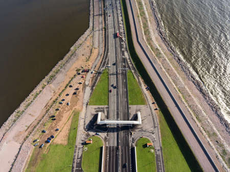 Lanes of the ring road near the area of the underground tunnel at the dam. St. Petersburg, Russia....