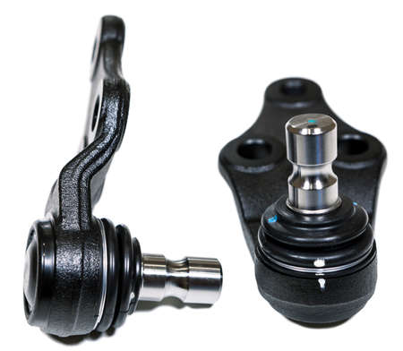 Two new aftermarket spare parts as ball joints, isolated on white backgroundの写真素材