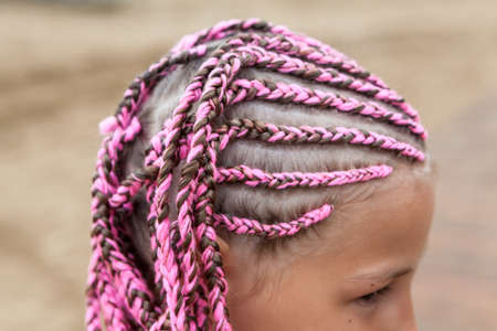Human head with pink dreadlocks hairstyle, young Caucasian girl, close up view