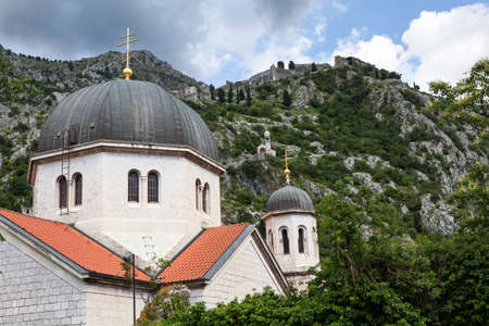 Domes with crosses of Serbian Orthodox Church in Kotor city, Balkans, Montenegro, Europe
