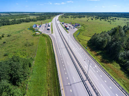 Wide highway M-11passing with parking and rest area. View from above. The Moscow-Saint Petersburg...