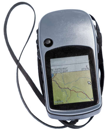 GPS navigator device for hiking, unit with lcd screen and waterproof case, isolated on white...
