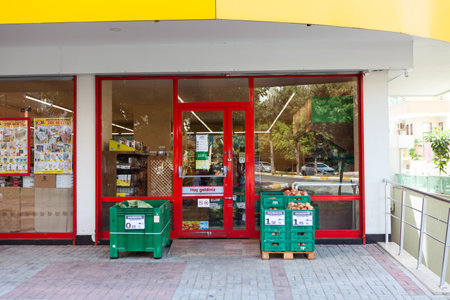 Alanya, Turkey-circa Oct, 2020: The Convenient Sok grocery store is in downtown of city. SOK Markets was established by the Migros Ticaret as small convenient shop chain. Alanya, Turkeyのeditorial素材