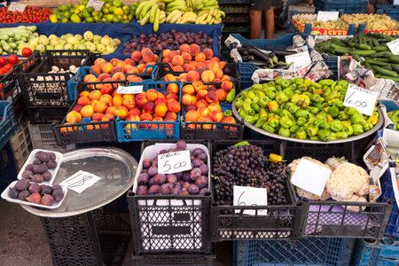 Alanya, Turkey-circa Oct, 2020: A lot of different fruits and vegetables are on the counter at the farmer market in city. Seasonal assortment is on sale in large bazaar. Alanya, Turkeyのeditorial素材