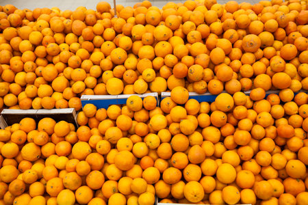 A lot of mandarins are in boxes in a supermarketの写真素材