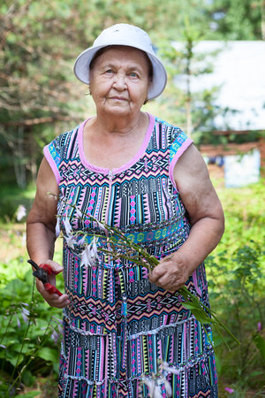 Gardening woman cutting her flowers in garden, old lady works with averruncator, portrait at spring seasonの写真素材