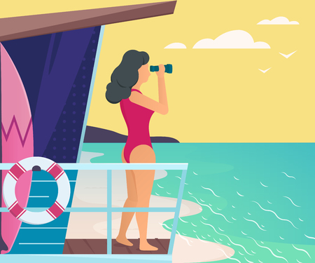 Lifeguard looking through binoculars. Summer vector illustrationのイラスト素材