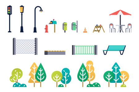 Street furniture and trees set. Vector illustration.のイラスト素材