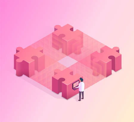 Blockchain concept with man who works on the computer. Isometric vector illustration.のイラスト素材