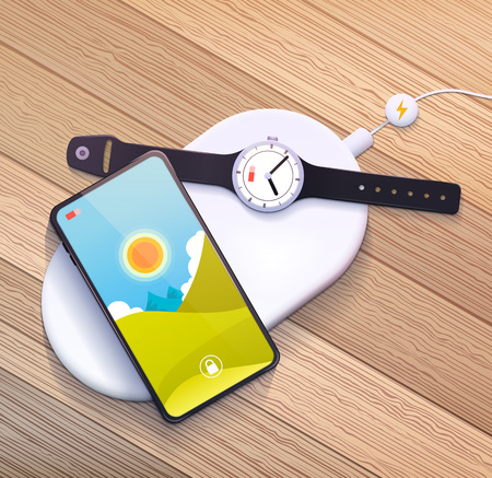 Wireless charging pad with mobile phone and smart watch. Vector illustration.のイラスト素材