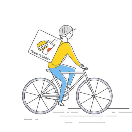 Courier on bicycle delivering food. Vector thin line illustration.のイラスト素材