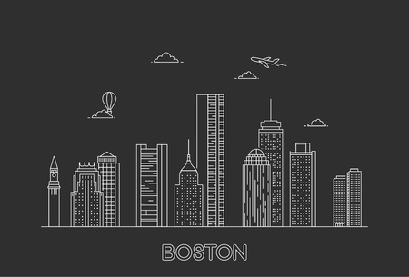 Boston city skyline. USA. Line art style illustrationのイラスト素材