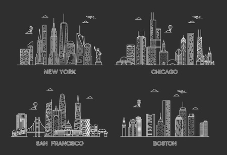USA cities skylines set. New York, Chicago, San francisco, Boston. Detailed cities silhouetteのイラスト素材