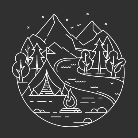 Vector illustration, camping in a forest. Line art.のイラスト素材