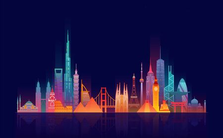 World skyline. Travel and tourism background. Vector flat illustrationのイラスト素材