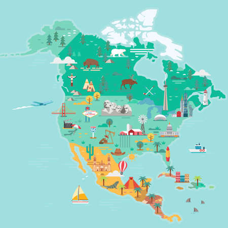 North America Map. Tourist and travel landmarksのイラスト素材