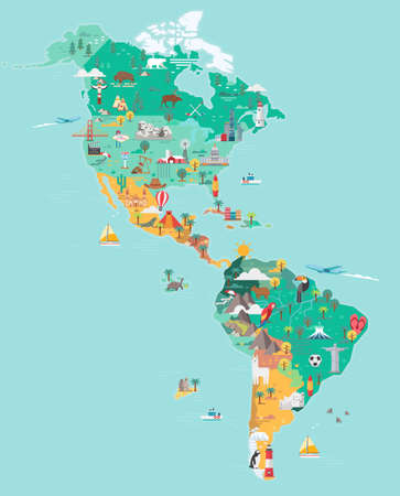 Map of America. Tourist and travel landmarks, vector illustration.のイラスト素材