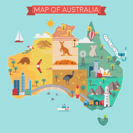 Map of Australia. Colorful landmarks. vector illustrationのイラスト素材