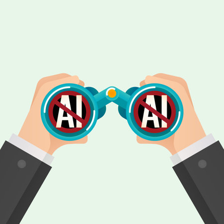 Binoculars with a crossed-out AI sign. Anti Ai sign. Well, AI-Generated Images. Protest against AI.の素材