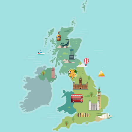 Map of Great Britain, United Kingdom with famous landmarks.のイラスト素材