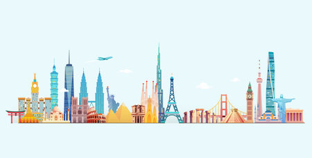 World skyline. Travel and tourism background. Vector flat illustrationの写真素材