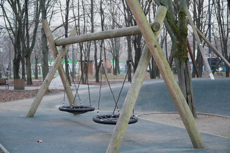 Minimalist Scandinavian-style wooden swing set made from natural logs with two round nest swings hanging on ropes in quiet autumn or spring park playground crafted from eco-friendly untreated timberの写真素材