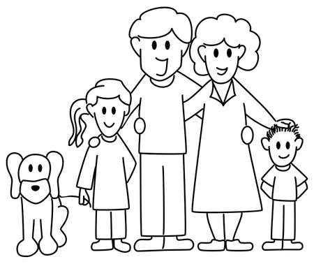 vector illustration of a family consisting of father, mother, daughter, son and dogのイラスト素材
