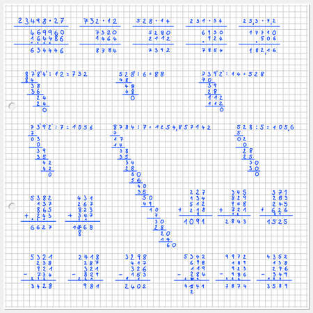 vector illustration of handwritten math homework on squared paperのイラスト素材
