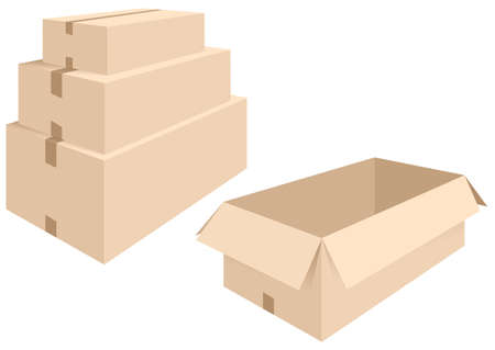 vector illustration of different boxes of cardboard, open and closedのイラスト素材