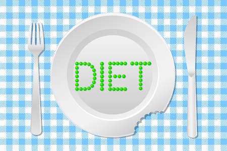 vector illustration of a table laid with a diet plate peas on a checkered tableclothのイラスト素材