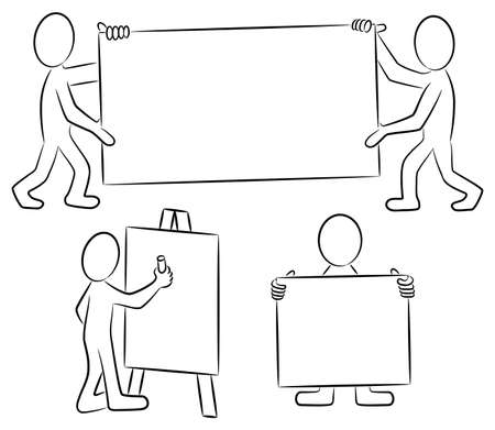 vector illustration of some hand drawn cartoon people with signs in black and whiteのイラスト素材