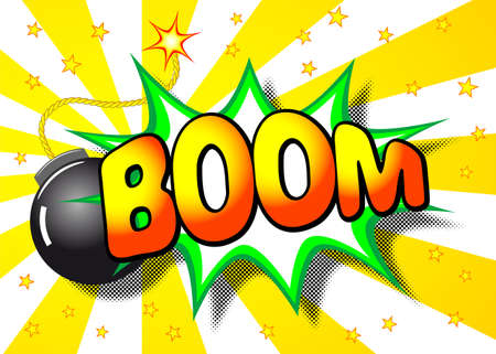 illustration of a cartoon explosion with the word boomのイラスト素材
