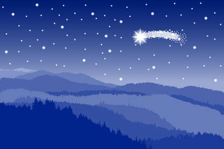 vector illustration of a landscape with a starlit sky with shooting starのイラスト素材