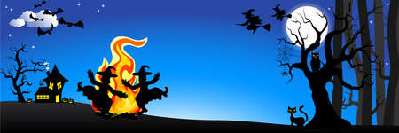  illustration of witches dancing around the fire at halloweenのイラスト素材