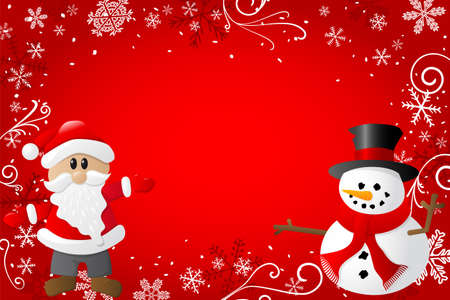illustration of a red christmas background with santa claus and a snowmanのイラスト素材