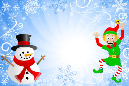 vector illustration of a blue christmas background with a snowman and an elfのイラスト素材